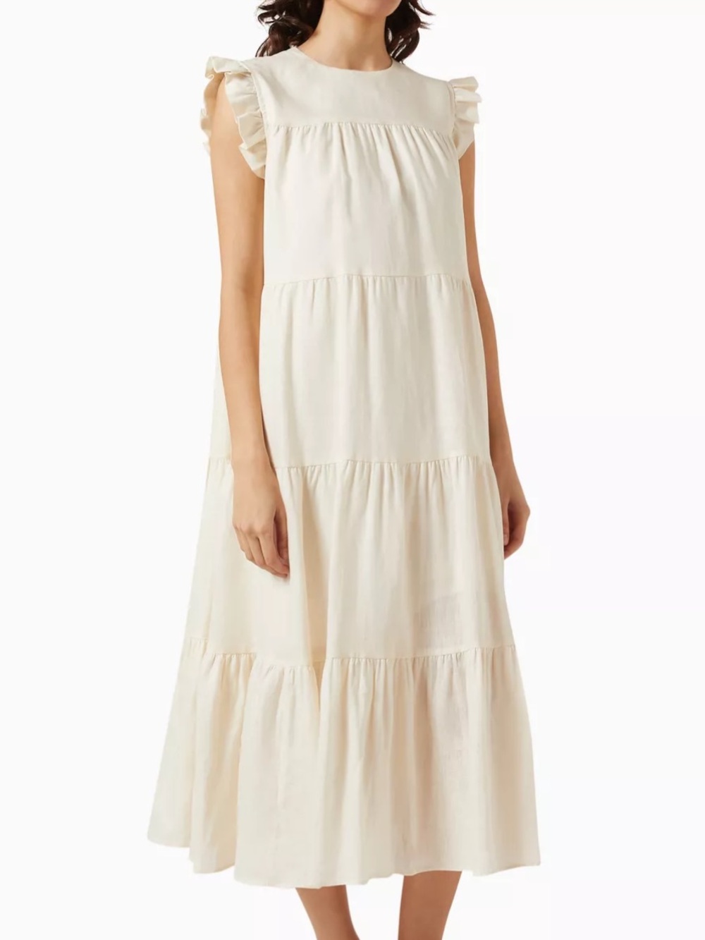 $395 Greek Archaic Kori Tiered Linen Midi Dress Made in Greece